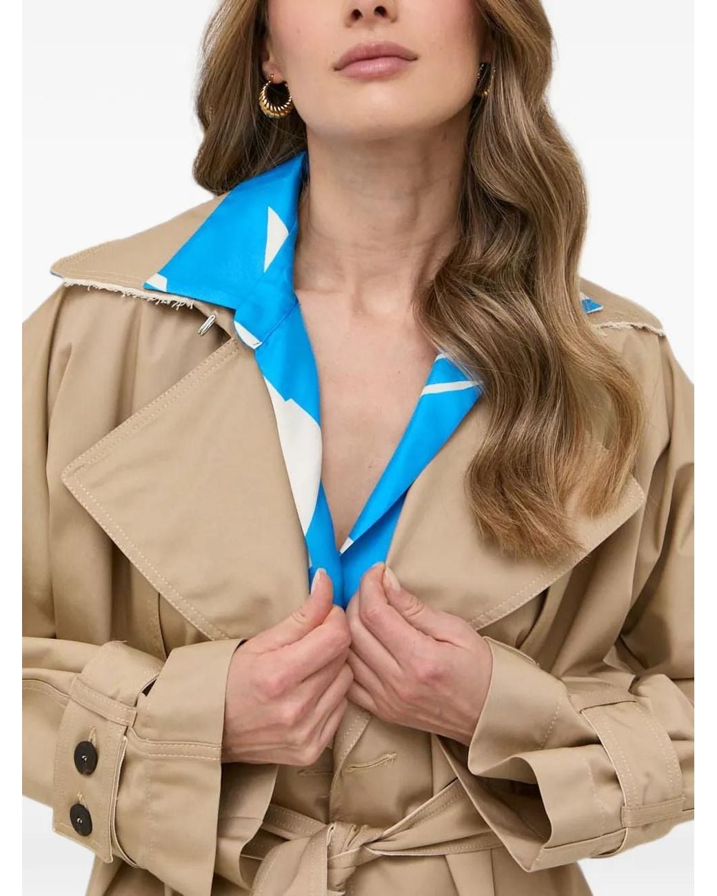 Beatrice B. Blue Double-Breasted Frayed-Edge Trench Coat
