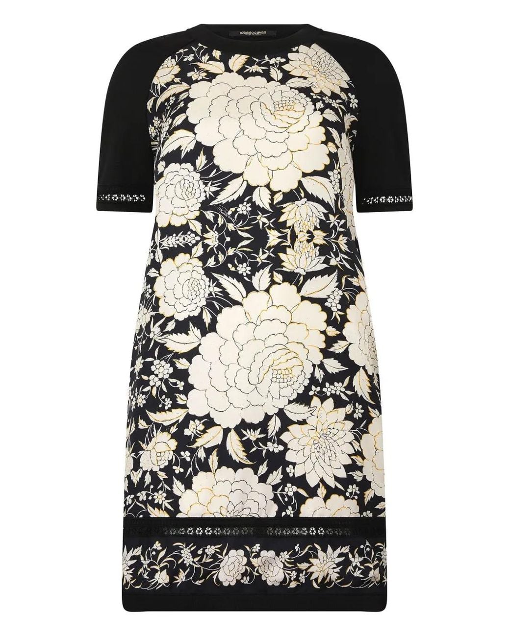 Roberto Cavalli Black Floral-Print Raglan-Sleeve Mini Dress