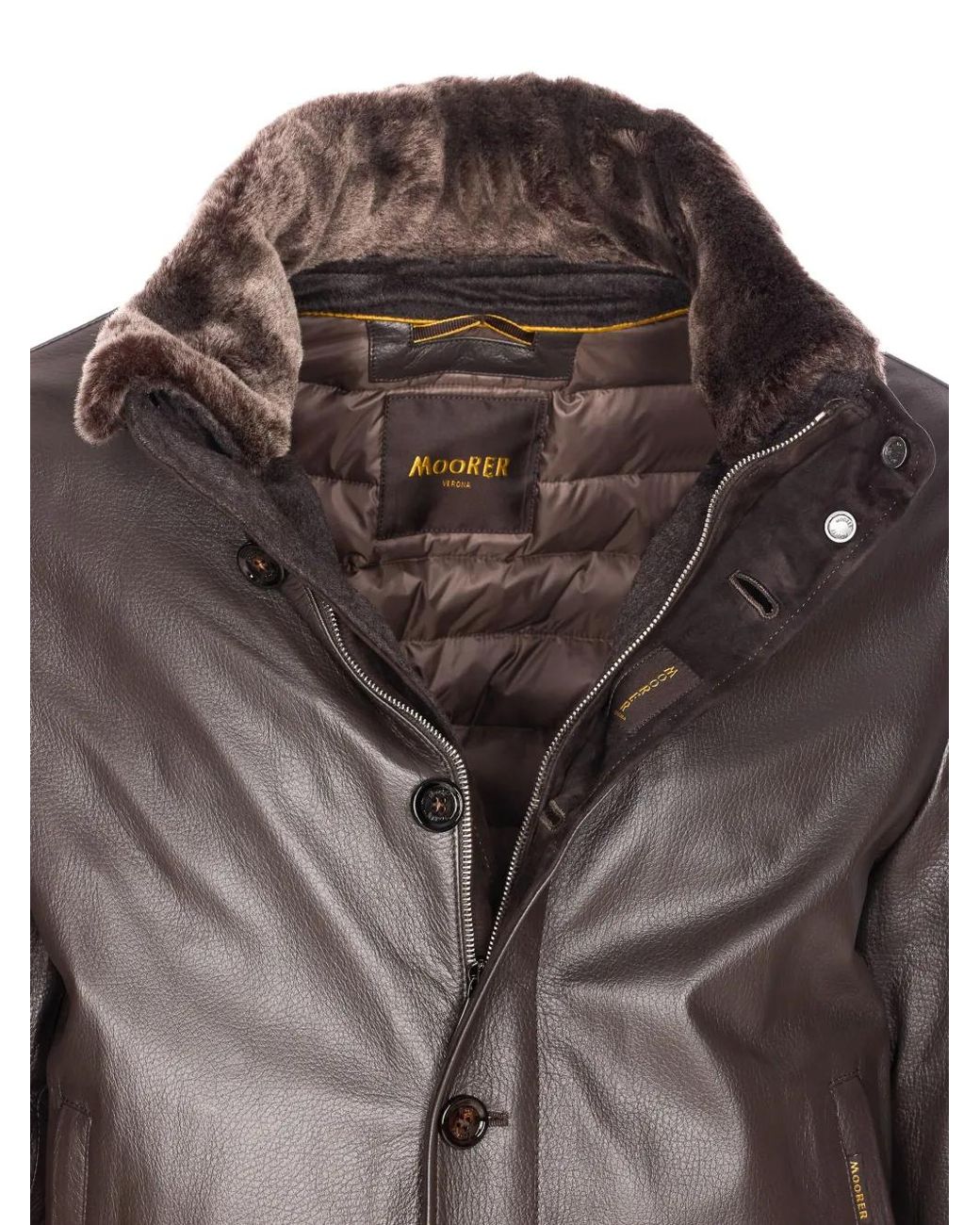 Moorer Brown Leather High-Neck Jacket for men