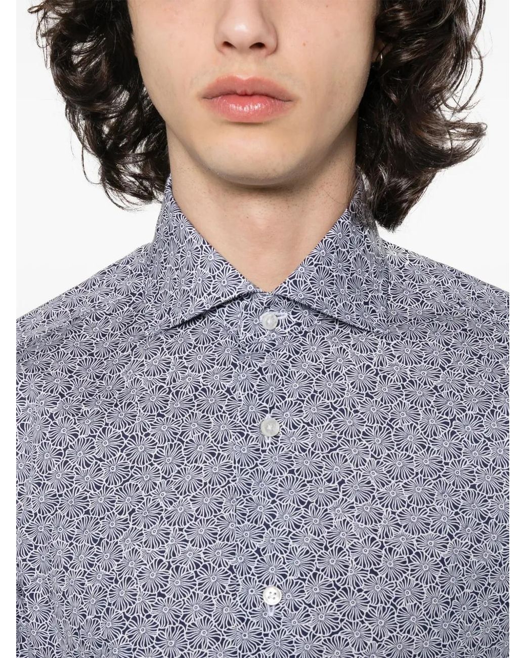 Barba Napoli Blue Floral-Print Cotton Shirt for men