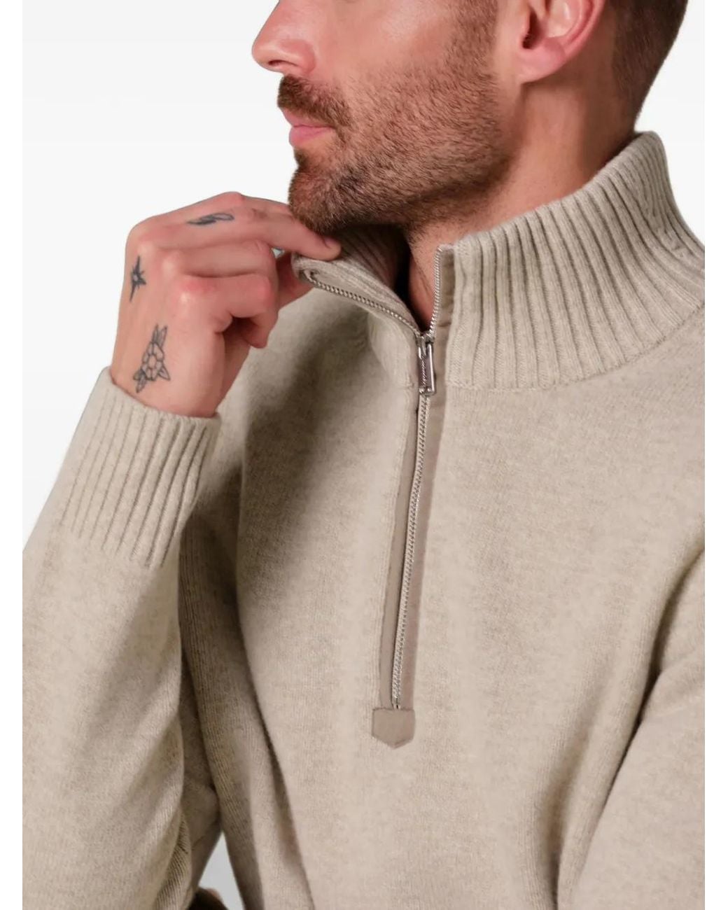 Profuomo Natural Quarter-Zip Ribbed-Trim Sweater for men