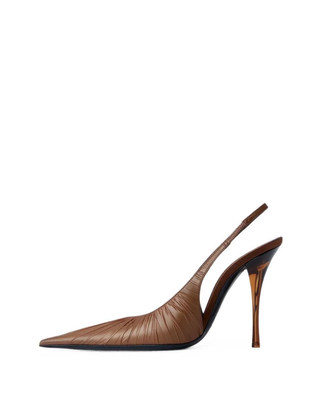 Saint Laurent Brown Textured Pointed-Toe Slingback Pumps
