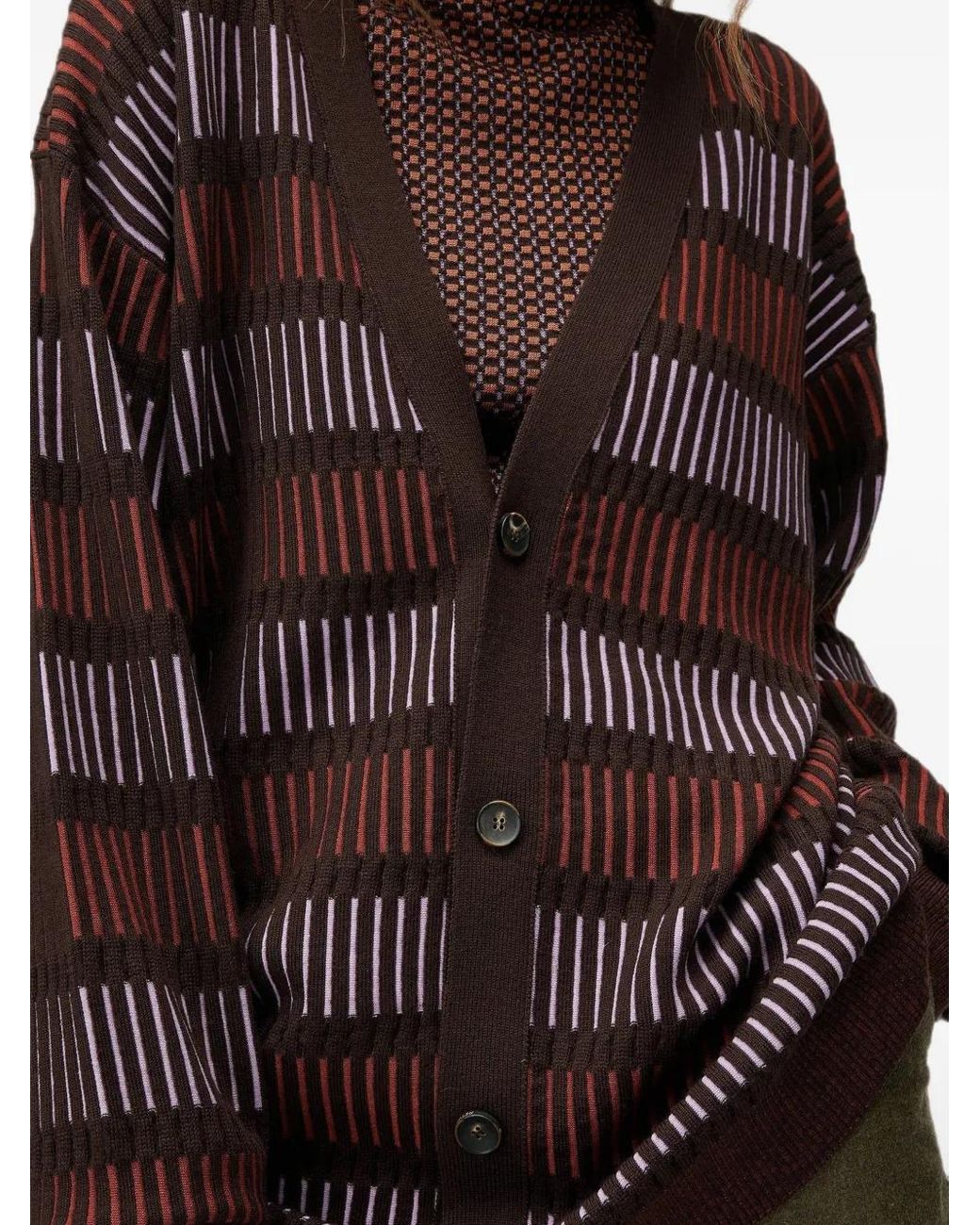 RETORI Brown Windows Long Geometric-Pattern V-Neck Cardigan