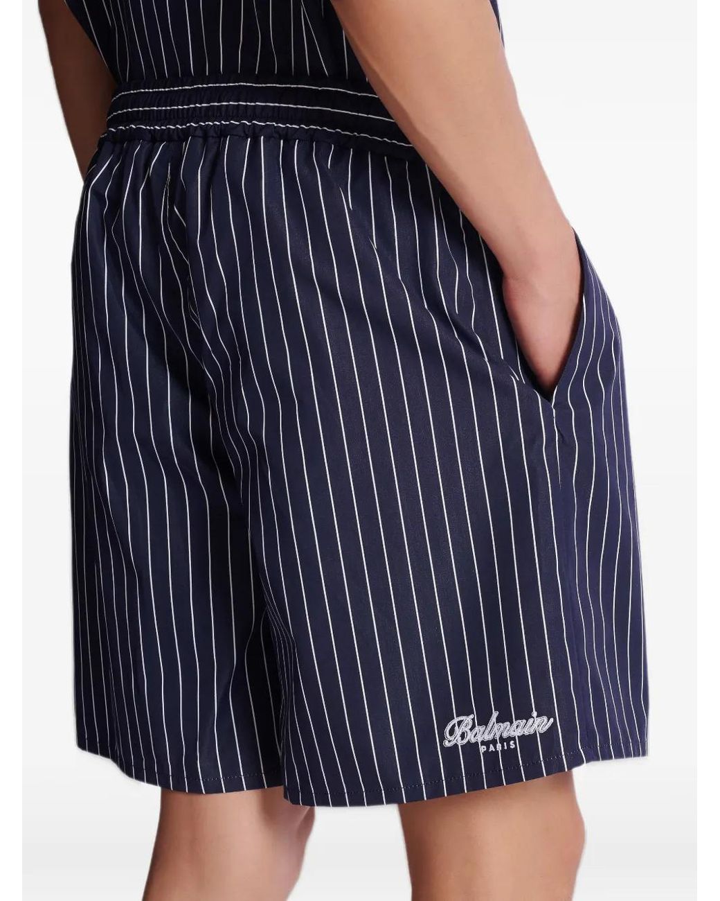 Balmain Blue Pinstripe Embroidered Shorts for men