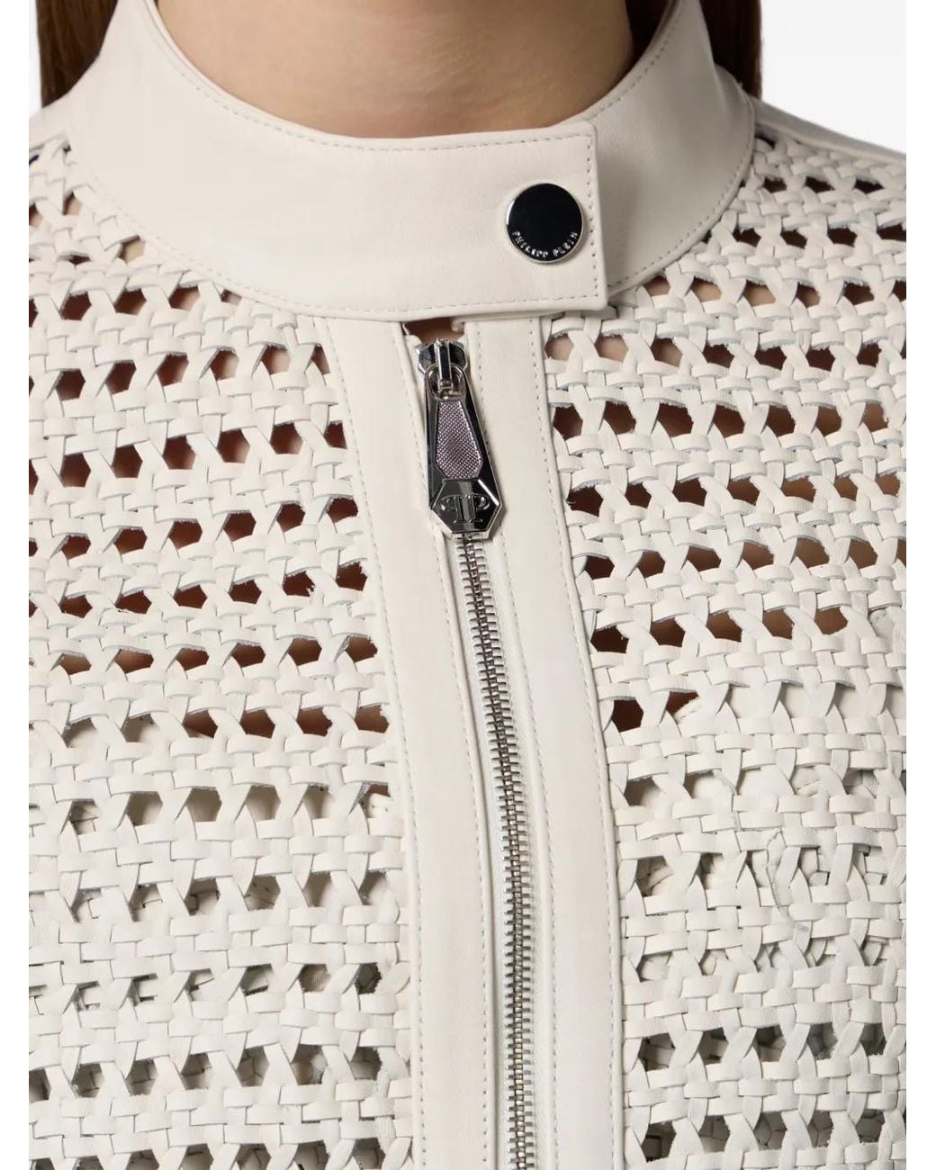 Philipp Plein White Weaved Leather Fitted Jacket