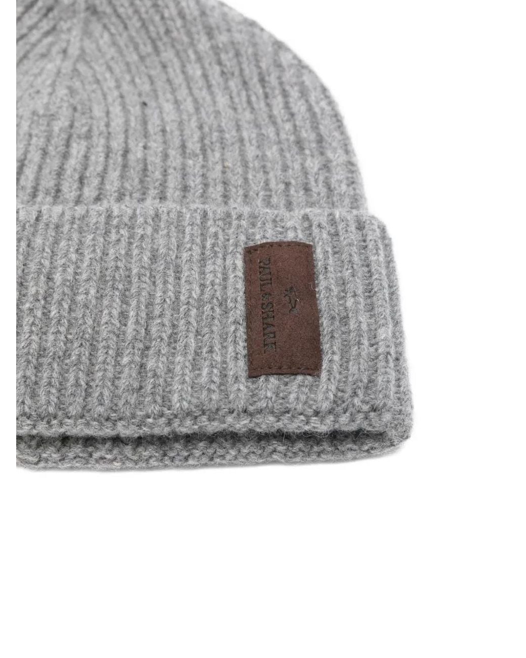 Paul & Shark Gray Ribbed Leather-Patch Beanie Hat for men
