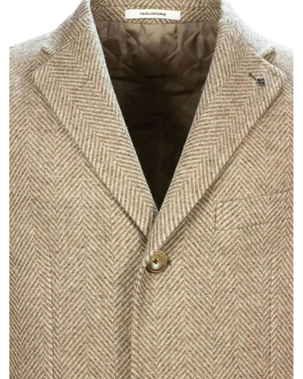 Tagliatore Natural Herringbone Weave Brooch Coat for men
