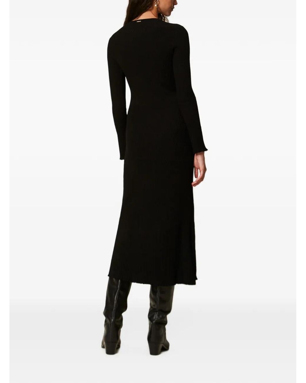Twinset Black Long Knit Dress With Macramé Lace
