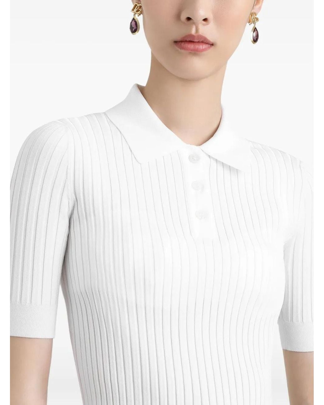 Dolce & Gabbana White Ribbed Polo Top