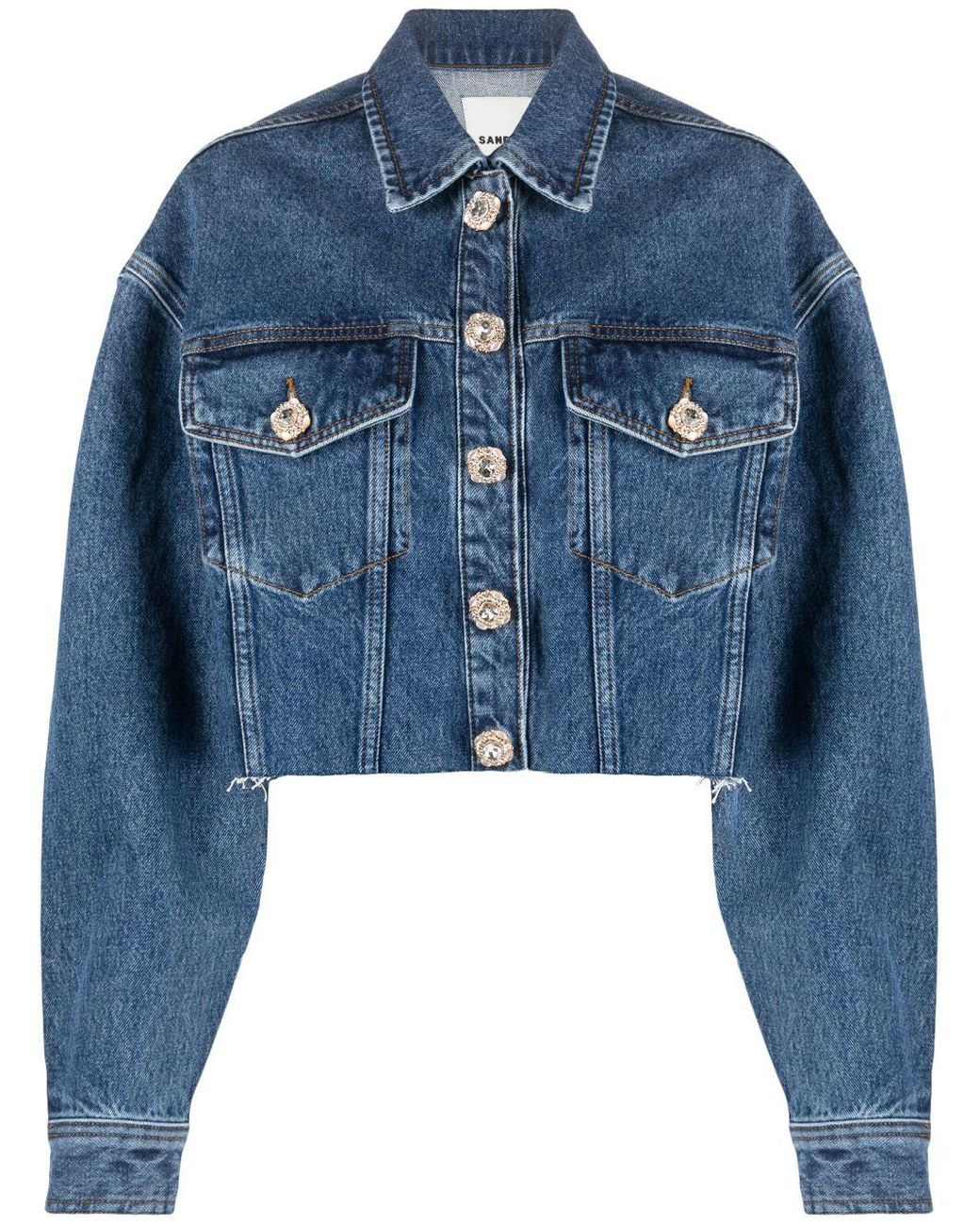 Sandro Crystal-buttons Cropped Denim Jacket in Blue | Lyst