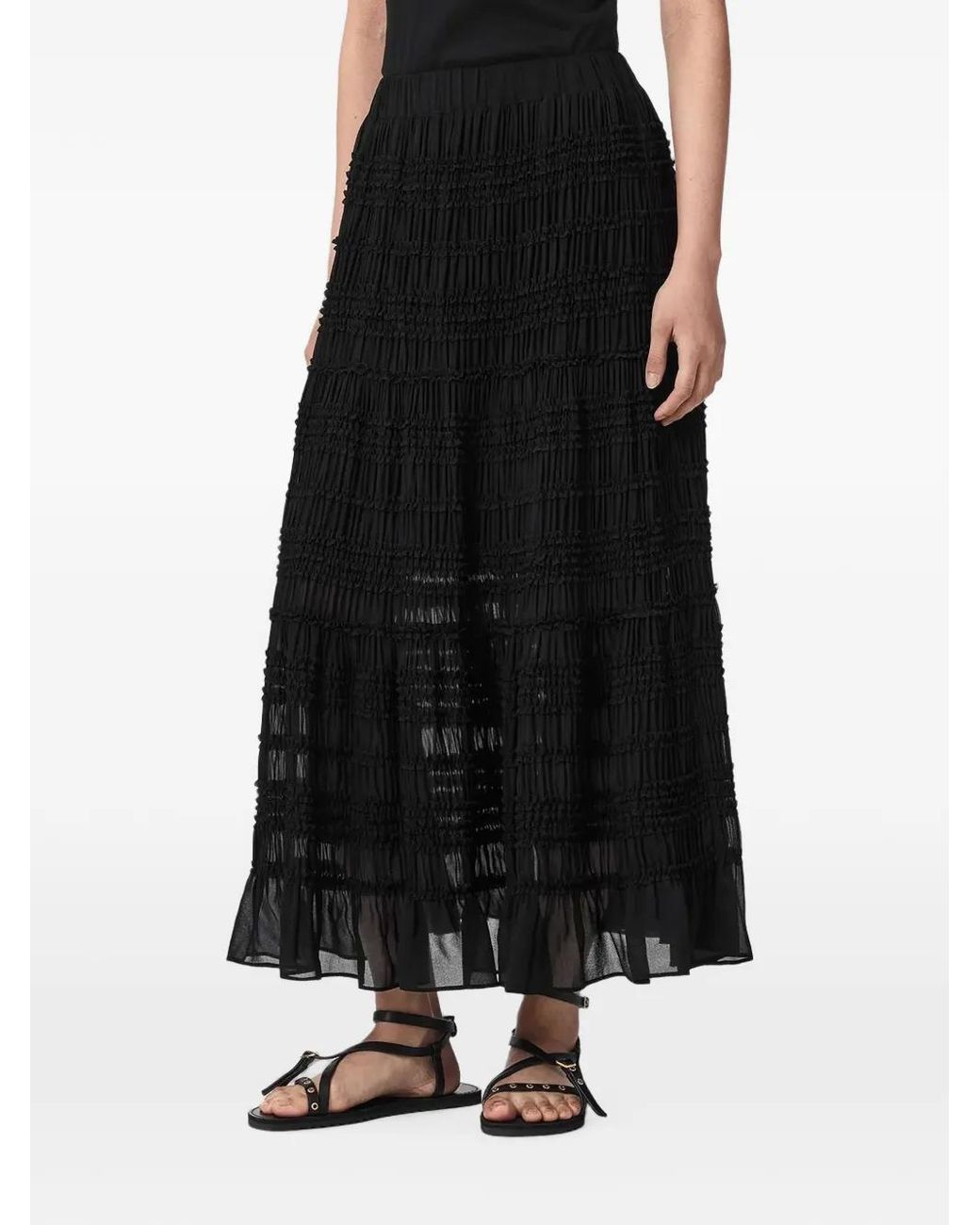 AllSaints Black Lotus Smocked Ruffled Midi Skirt