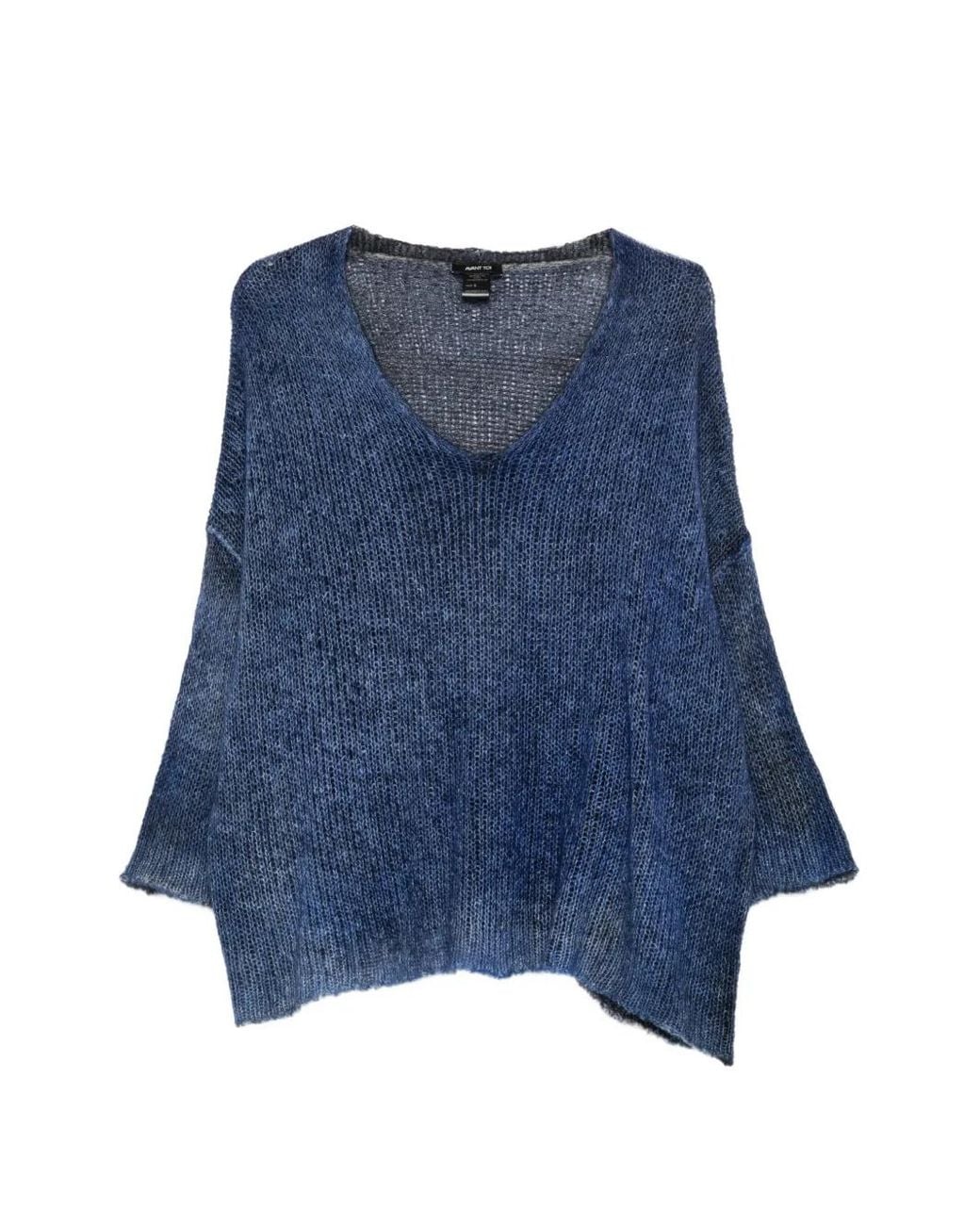 Avant Toi Blue V-Neck Open-Knit Sweater