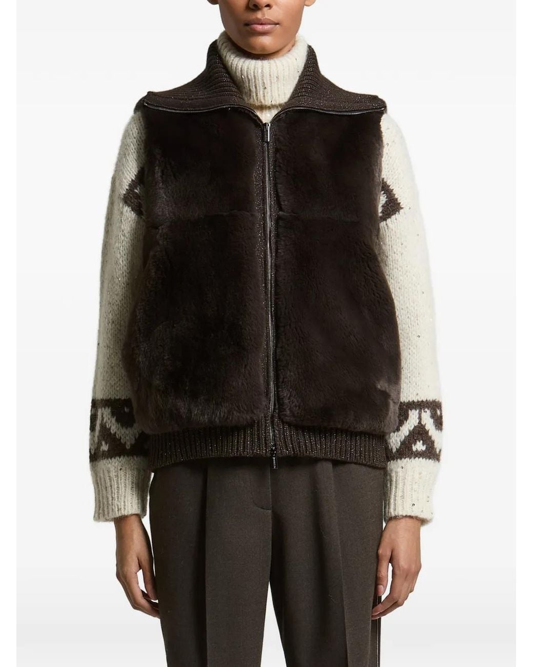 Peserico Black Cardigan Zippé Sans Manches À Empiècements En Fourrure Artificielle