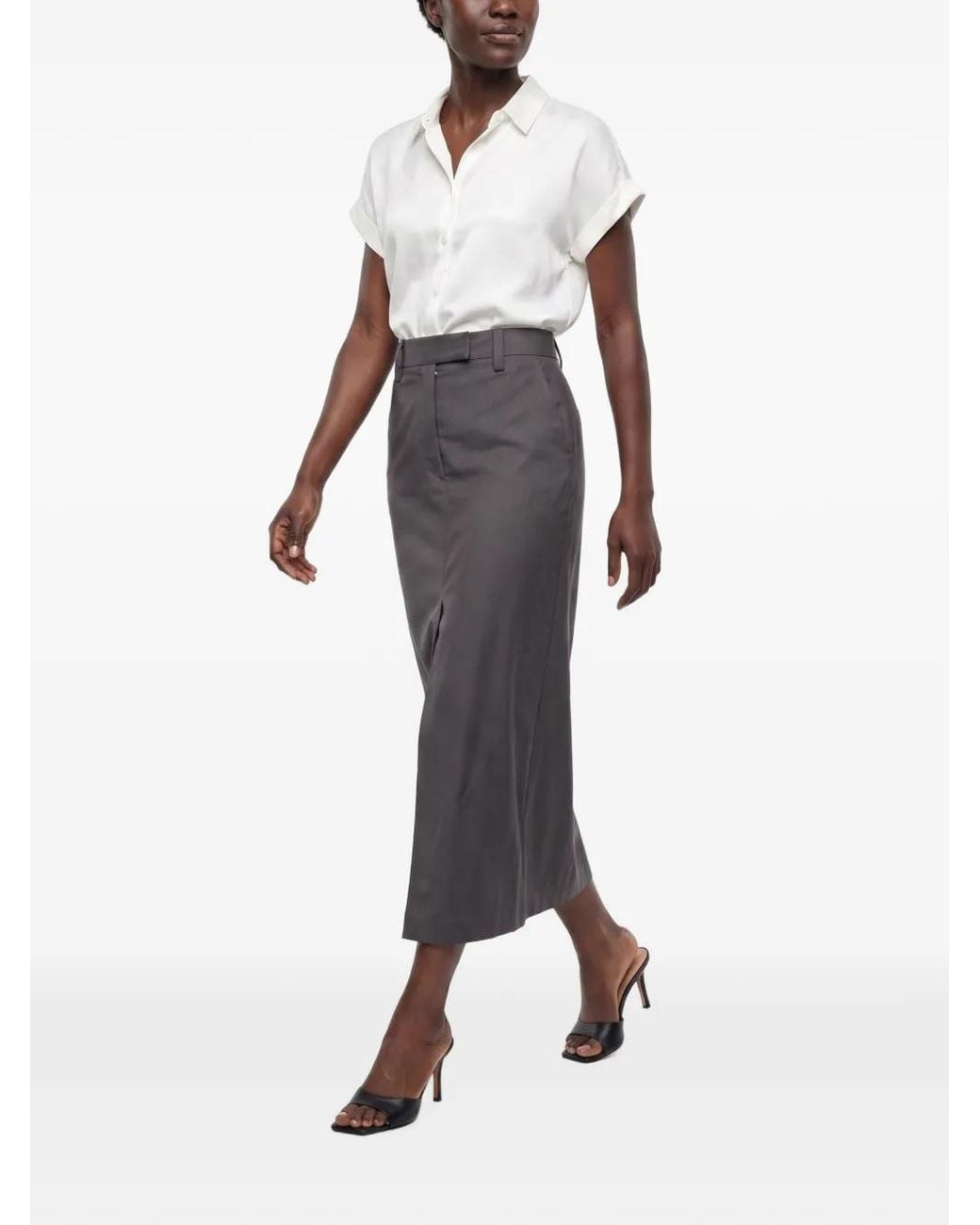 Brunello Cucinelli Black Midi High-Waisted Front-Slit Skirt