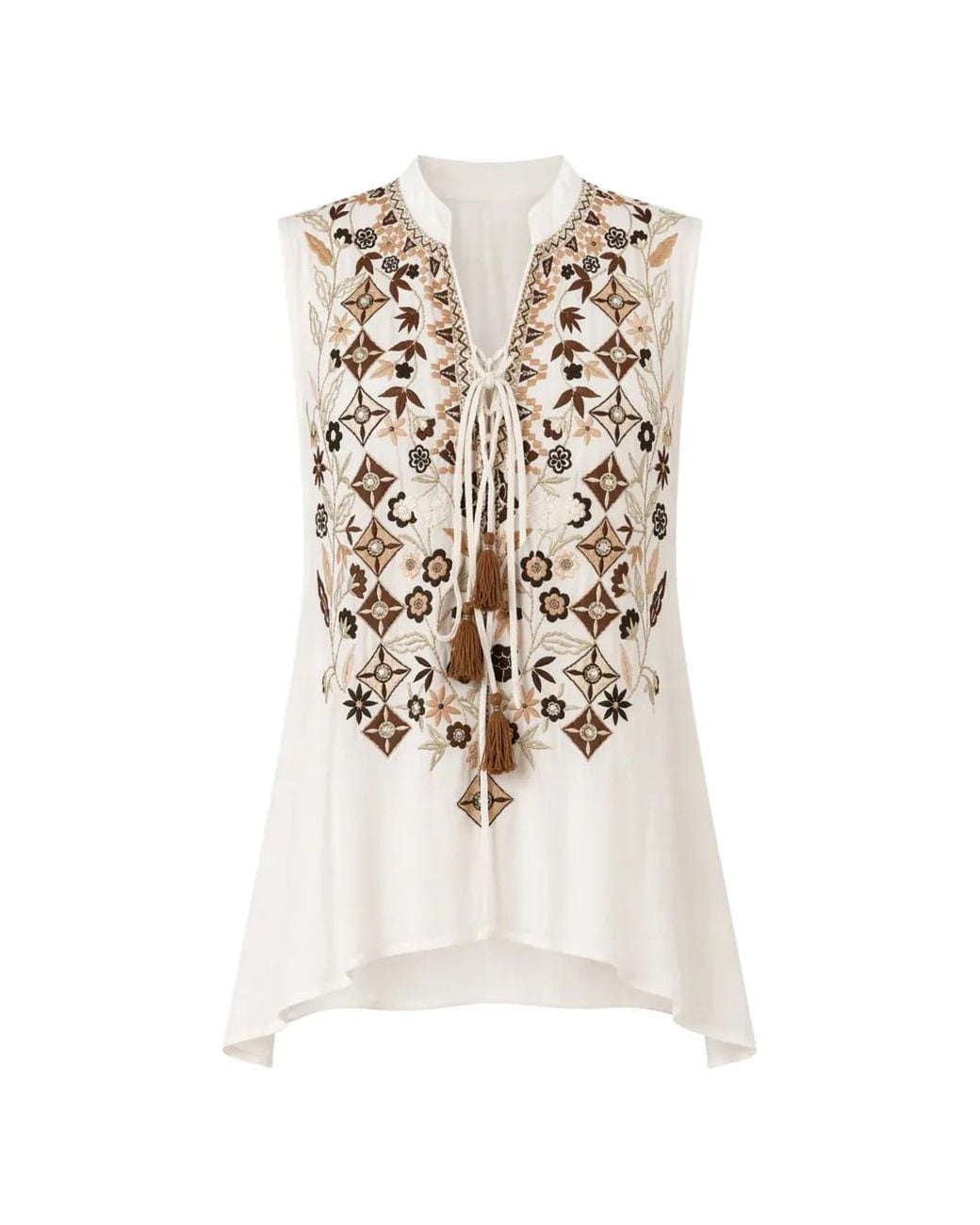 PAHIESA FORMENTERA White Embroidered Tassel-Detail Top