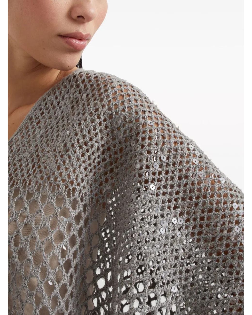 Brunello Cucinelli Gray Sequin-Embellished Open-Knit Sweater