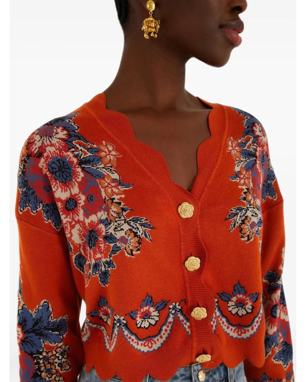 Farm Rio Red Victorian Floral Buttoned Knit Cardigan