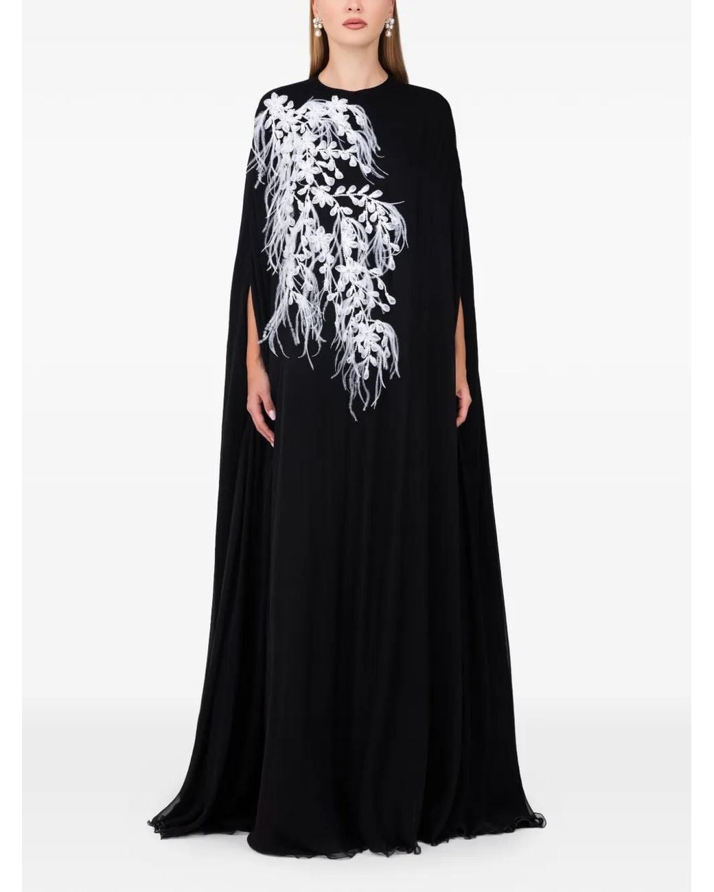 Dina Melwani Black Feather-Print Maxi Dress
