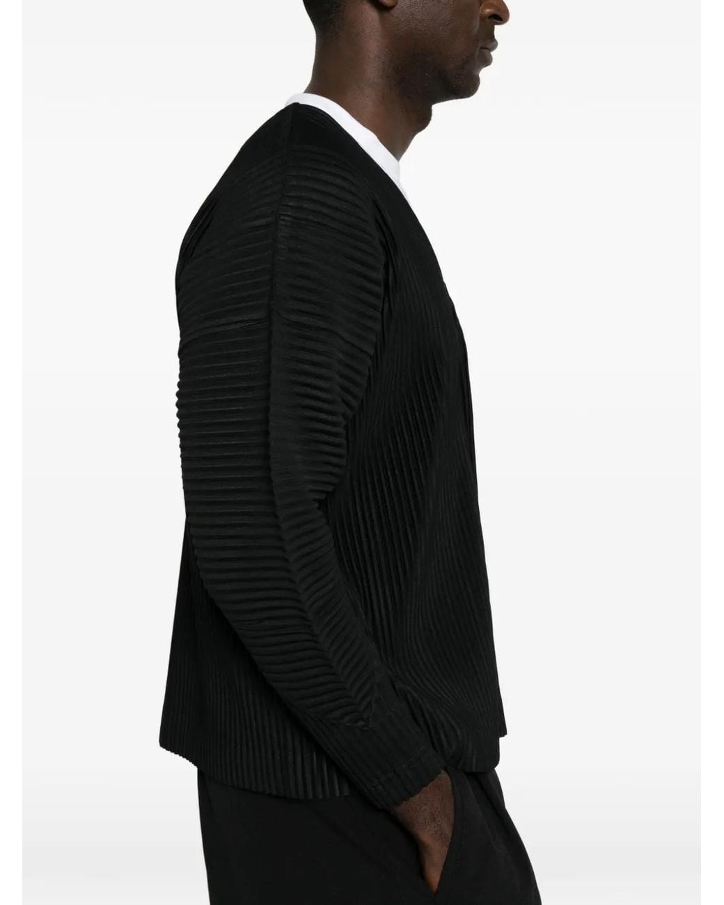Homme Plissé Issey Miyake Black Pleated V-Neck Cardigan for men