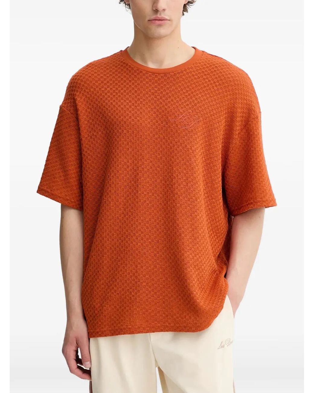 Les Deux Orange Embroidered-Logo Textured T-Shirt for men
