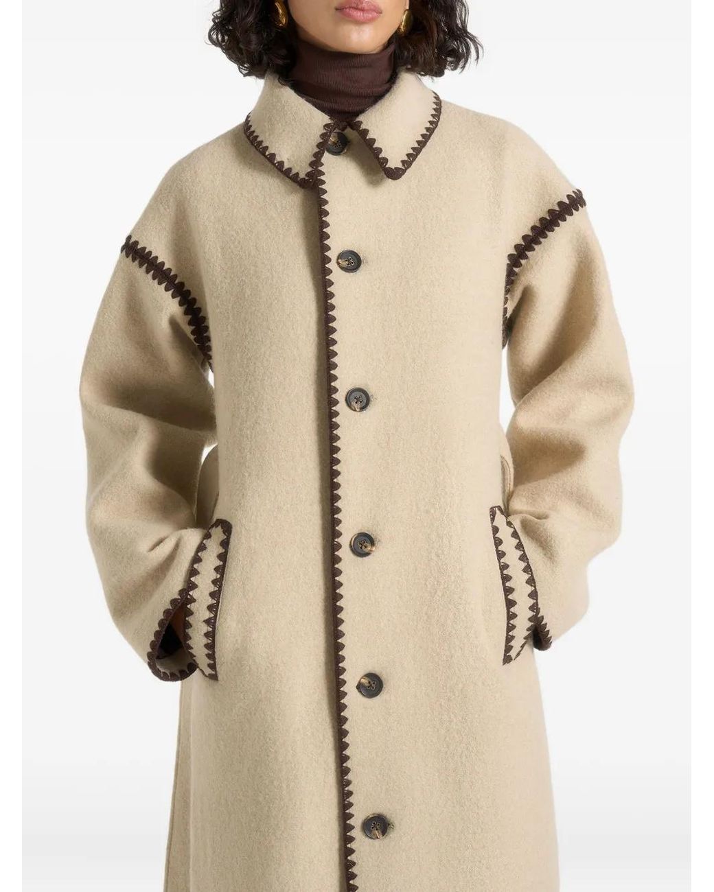 Manière De Voir Natural Elora Whipstitch-Trim Belted Longline Coat