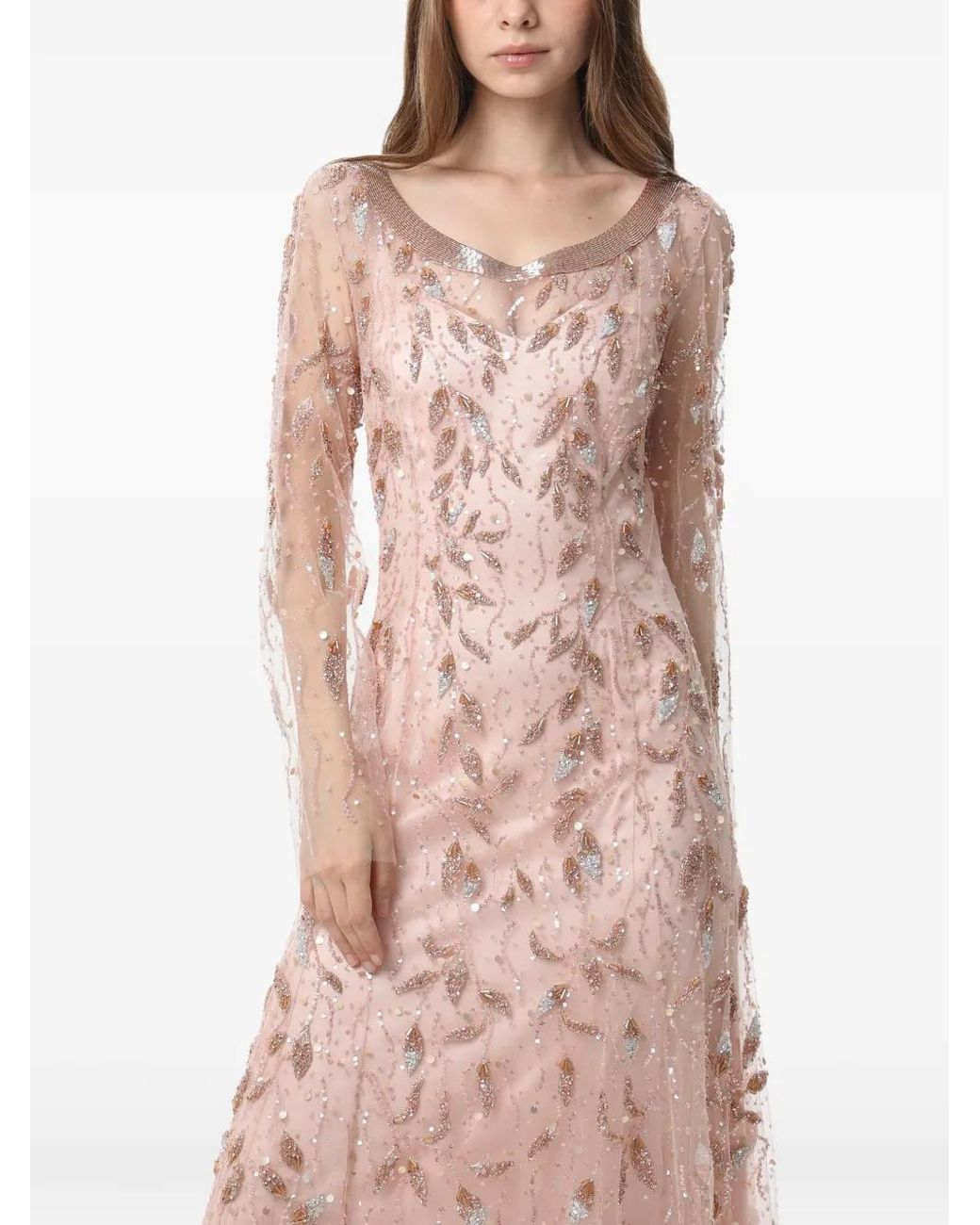 Dina Melwani Pink Crystal-Embellished Vine-Embroidered Maxi Dress