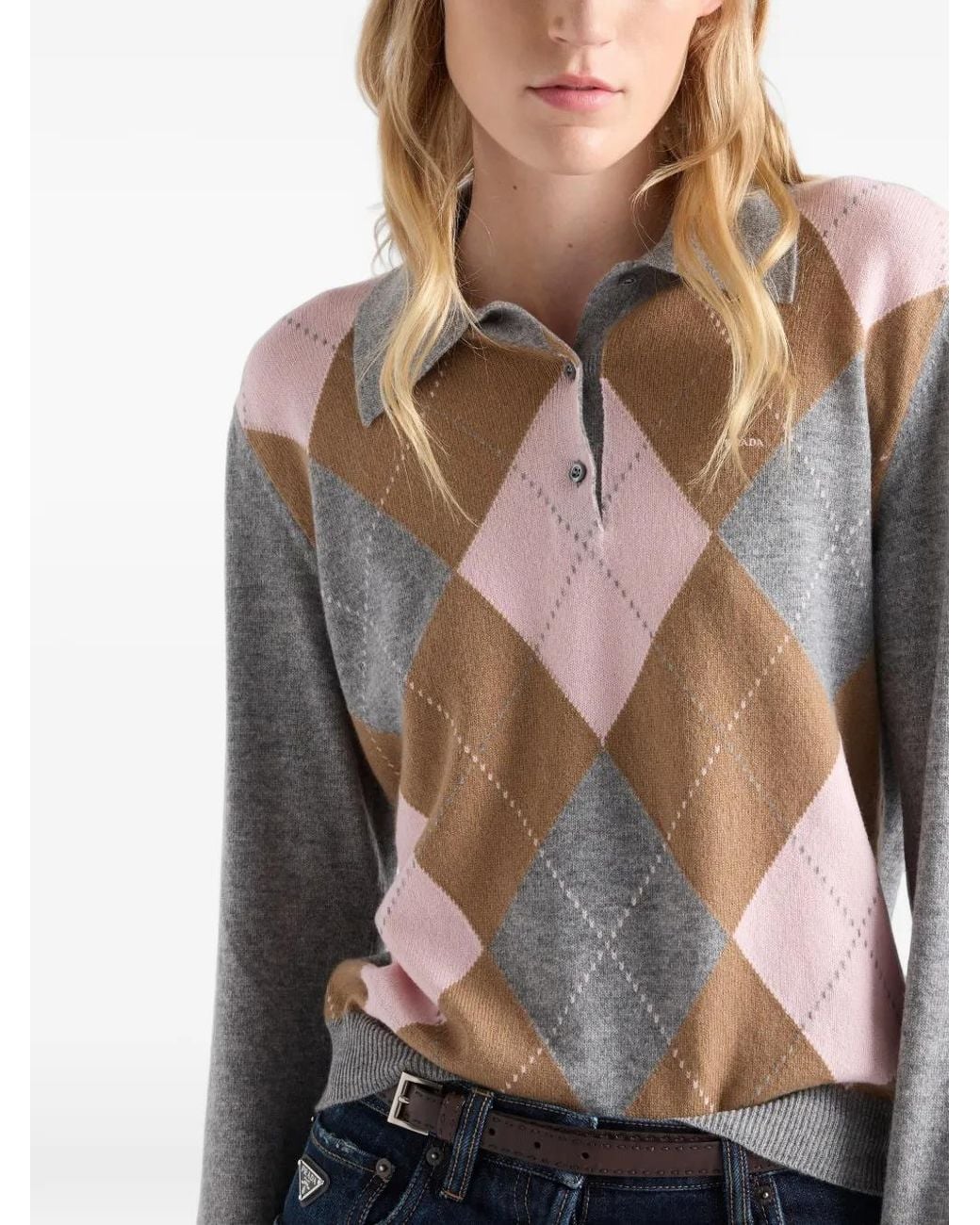 Prada White Argyle Cashmere Polo Sweater