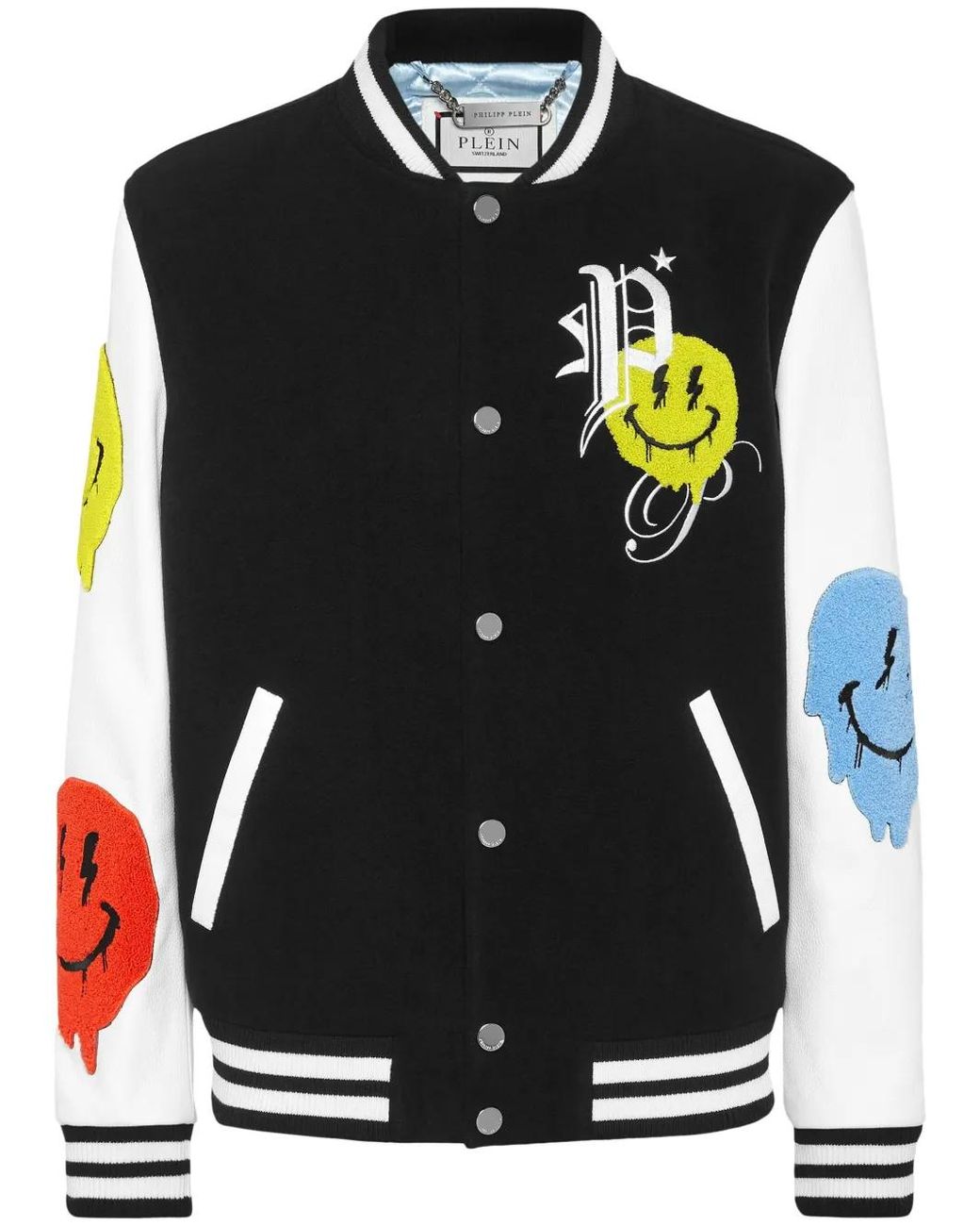 Philipp Plein Black Smile-Appliqué Varsity Jacket for men