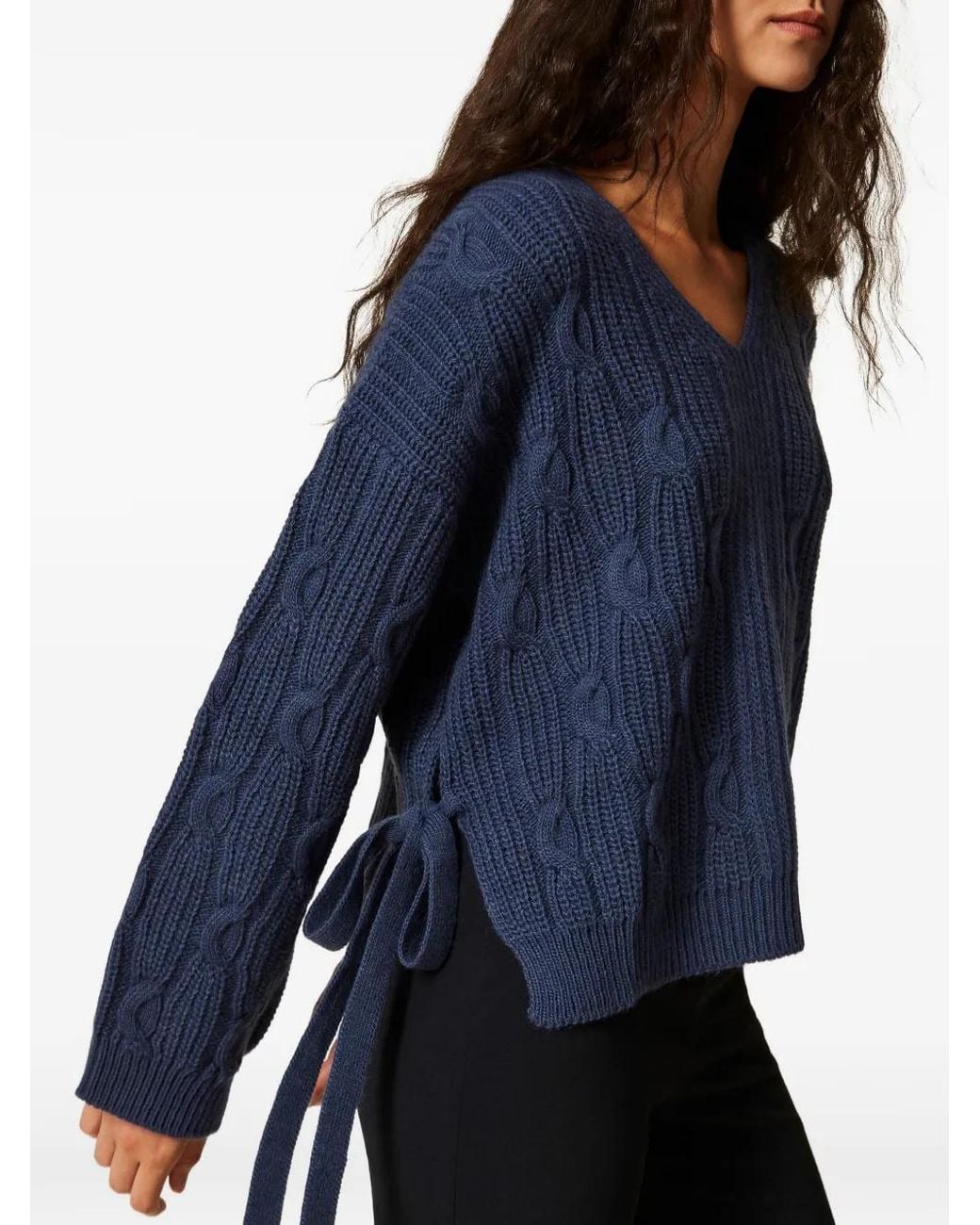 Twinset Blue Cable-Knit Tie-Fastening Sweater