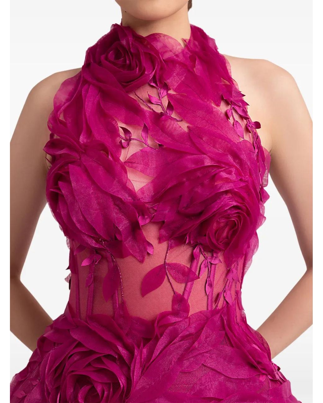 Gemy Maalouf Pink Floral-Appliqué Halterneck Dress