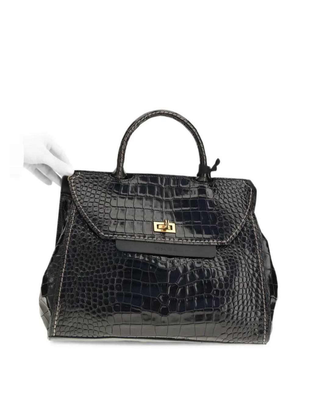 VISONA Black Ornella Croc-Effect Tote Bag