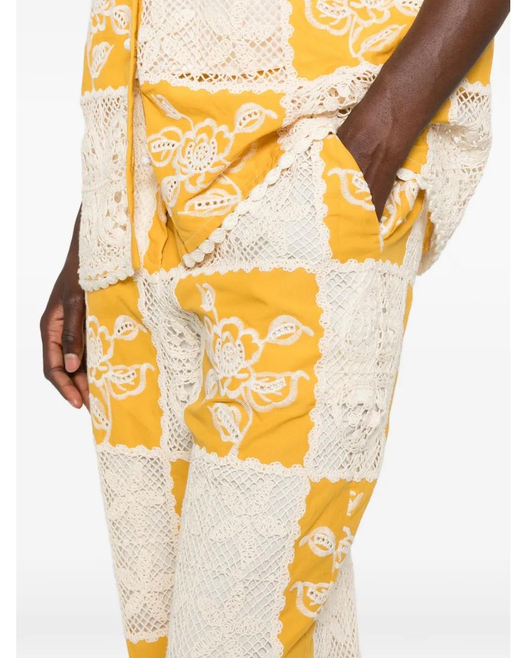 Farm Rio Yellow Crochet-Knit Patchwork Trousers