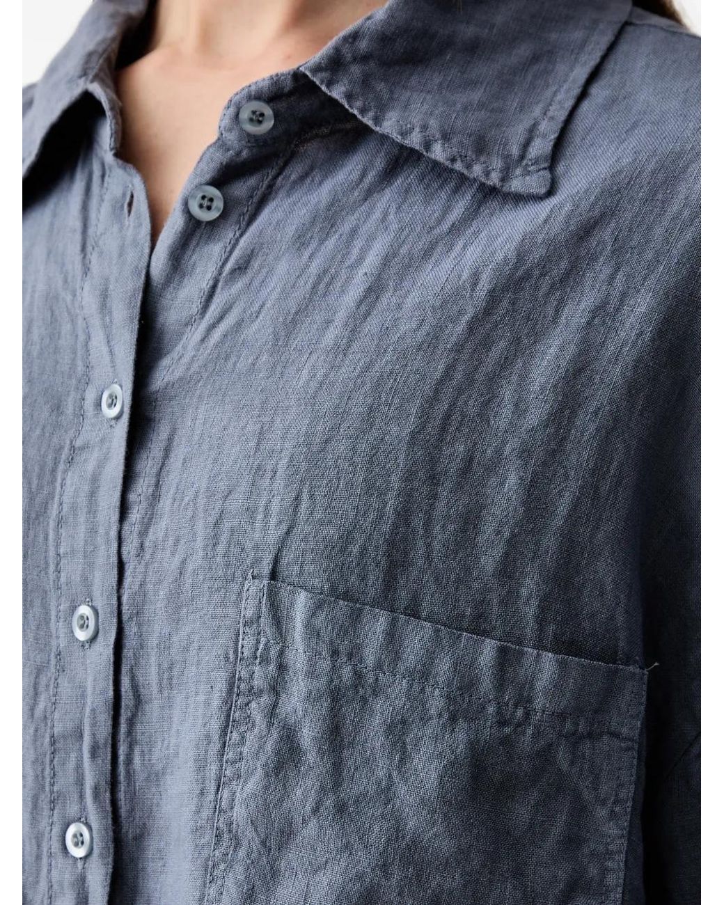 ViCOLO Blue Cropped Button-Down Linen Shirt