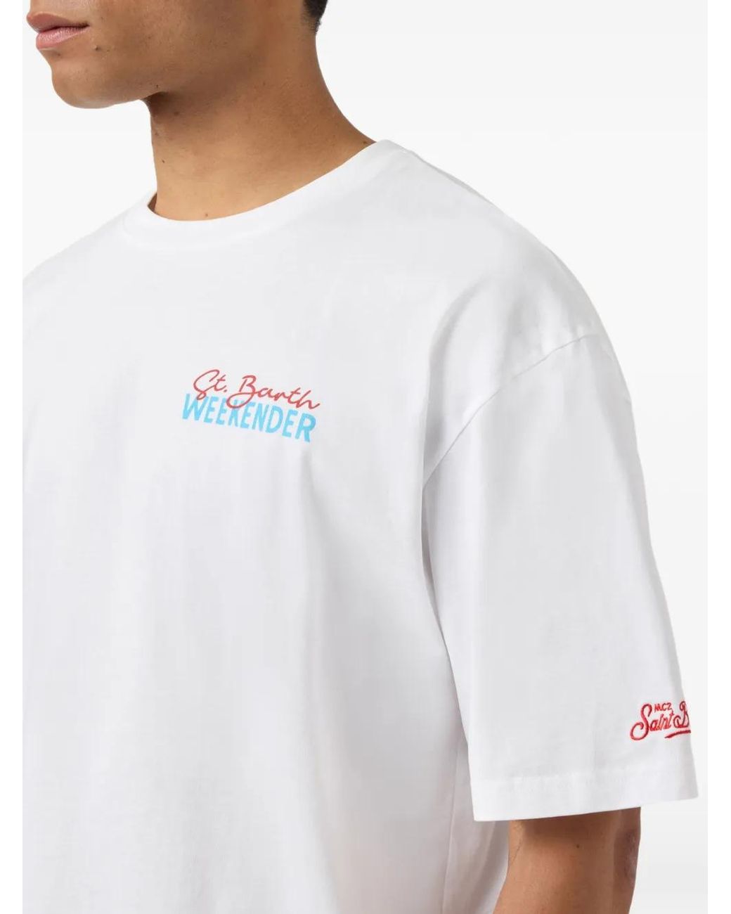 Mc2 Saint Barth White Delmar T-Shirt With St. Barth Weekender Print And Maxi Graphic On The Back for men
