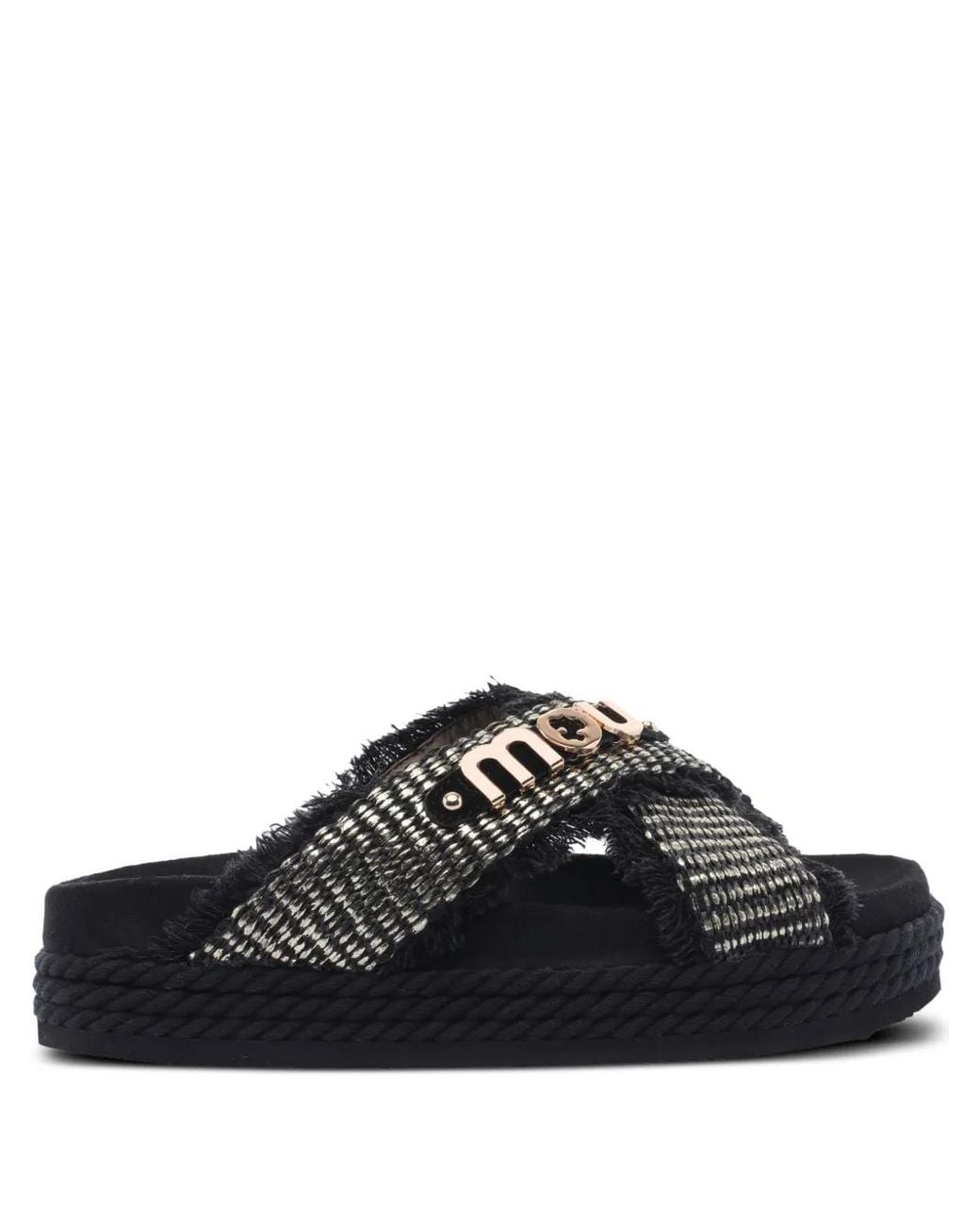 Mou Black Frayed-Strap Platform Sandals