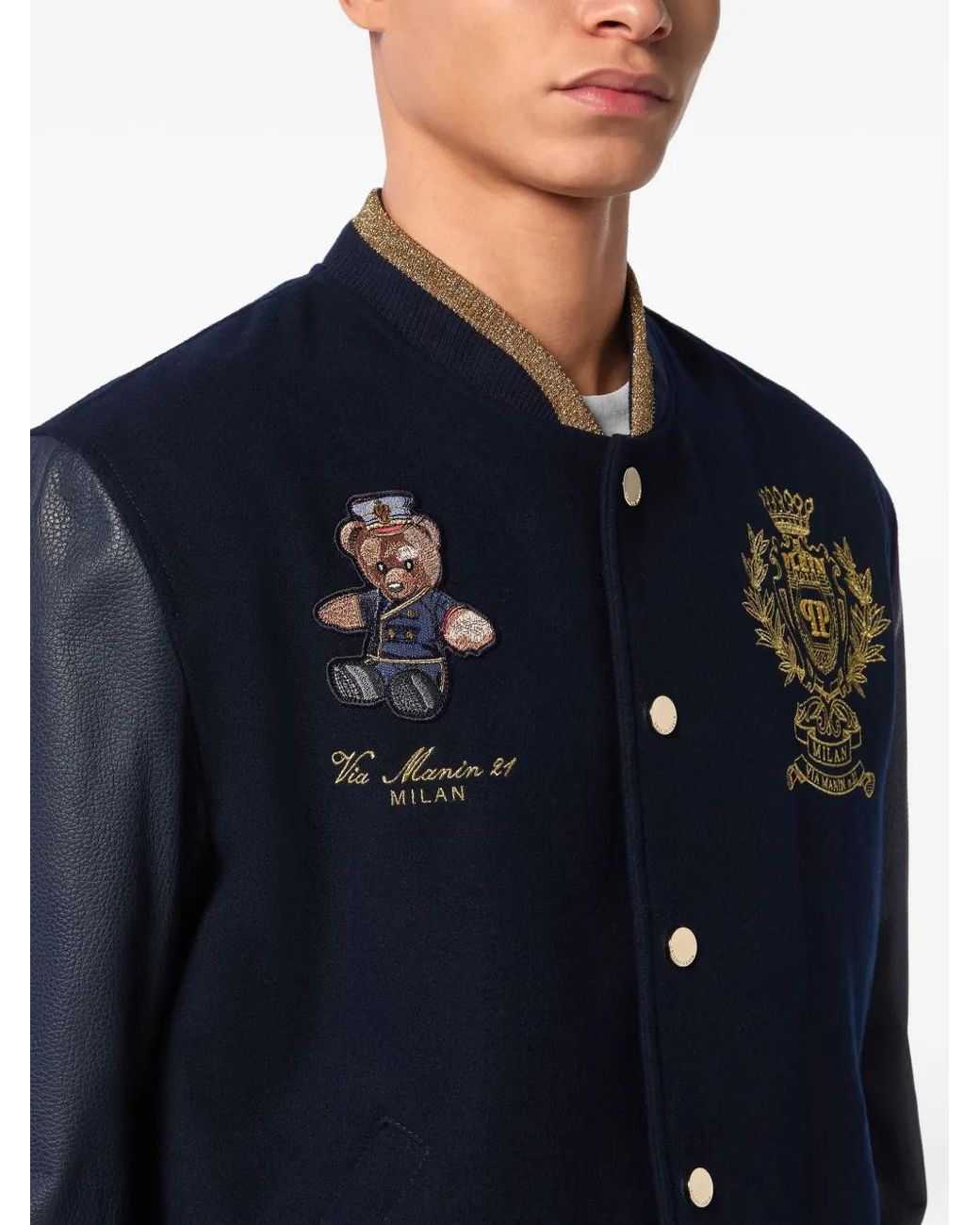 Philipp Plein Blue Leather And Wool Varsity Bomber Teddy Doorman for men