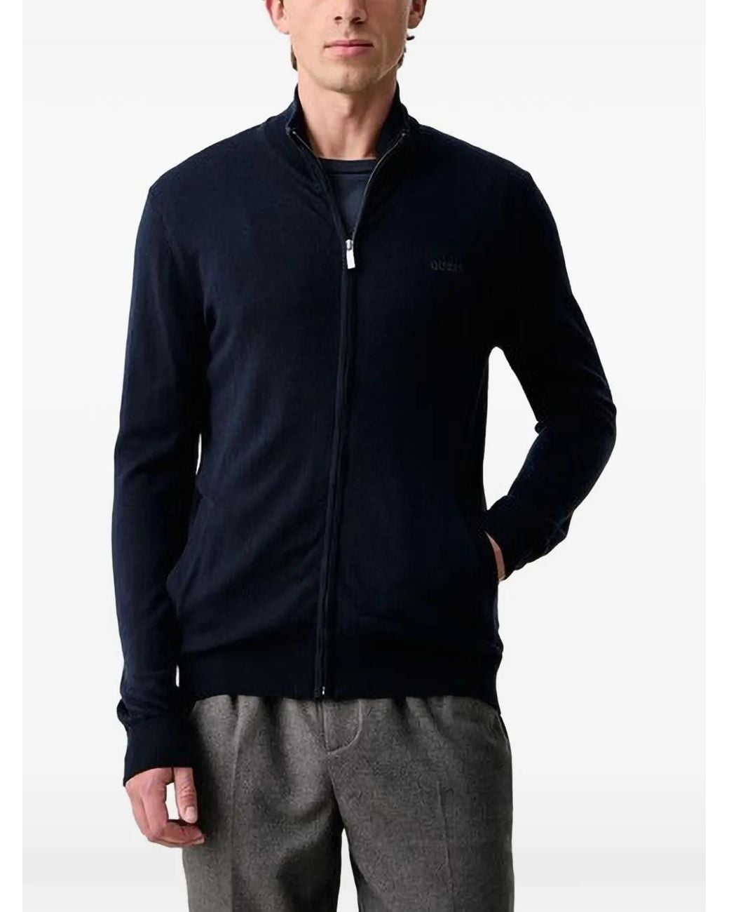 Guess Blue Logo-Embroidered Zip-Up Cardigan for men