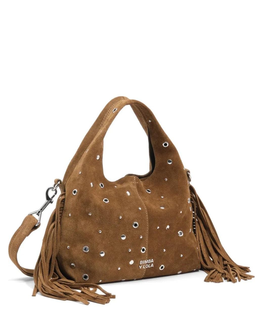 Bimba Y Lola Brown Small Suede Paper Bag With Fringing And Studs
