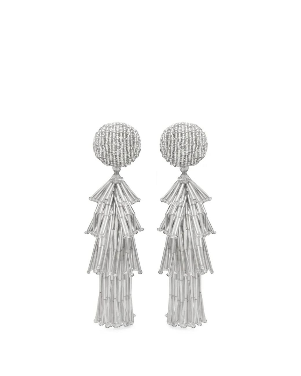 Oscar de la Renta White Beaded Tassel Earrings