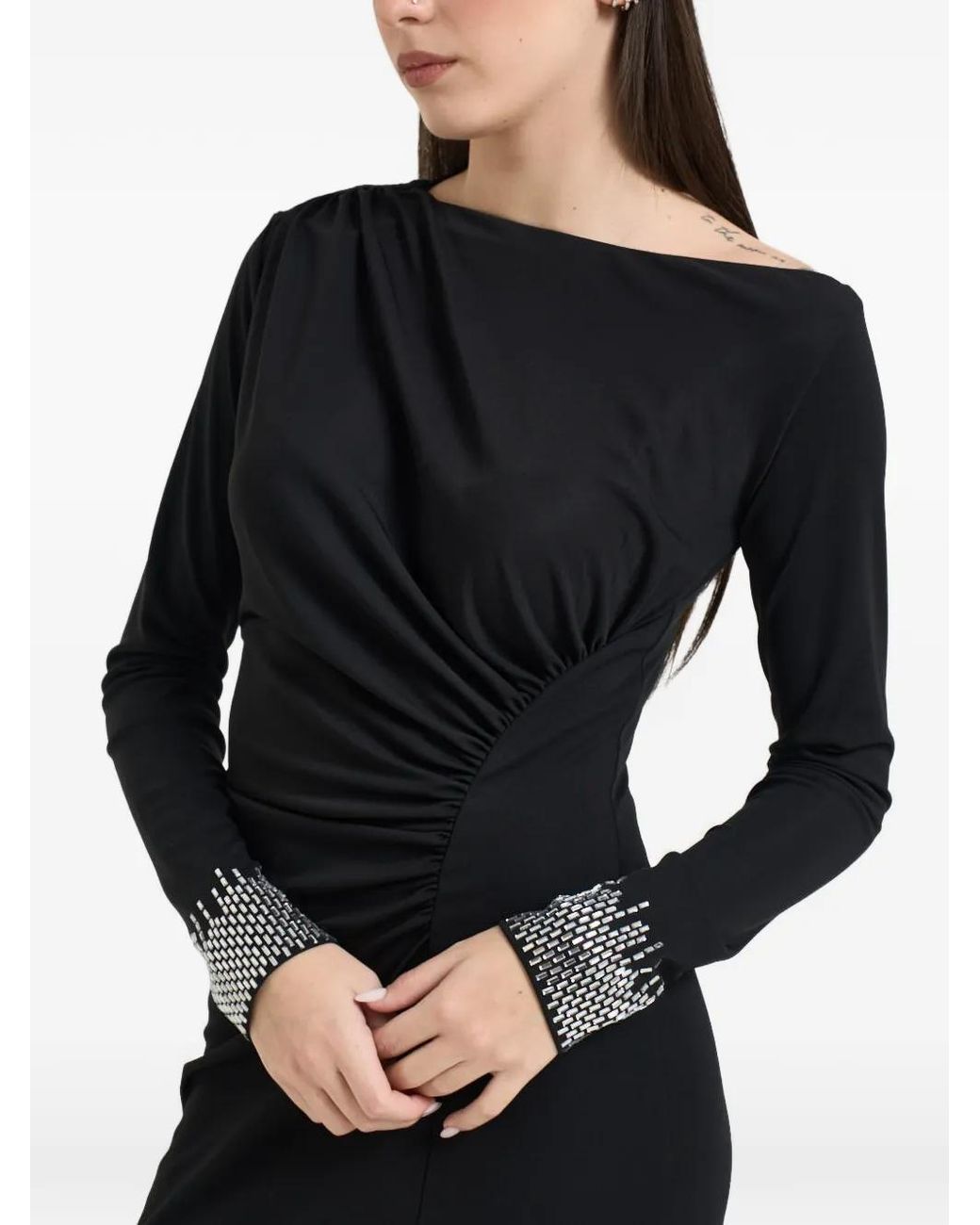 chinese dress ladies Black Mother of Bride Dress Sheath Beaded Neckline Long Sleeves Women's Gown