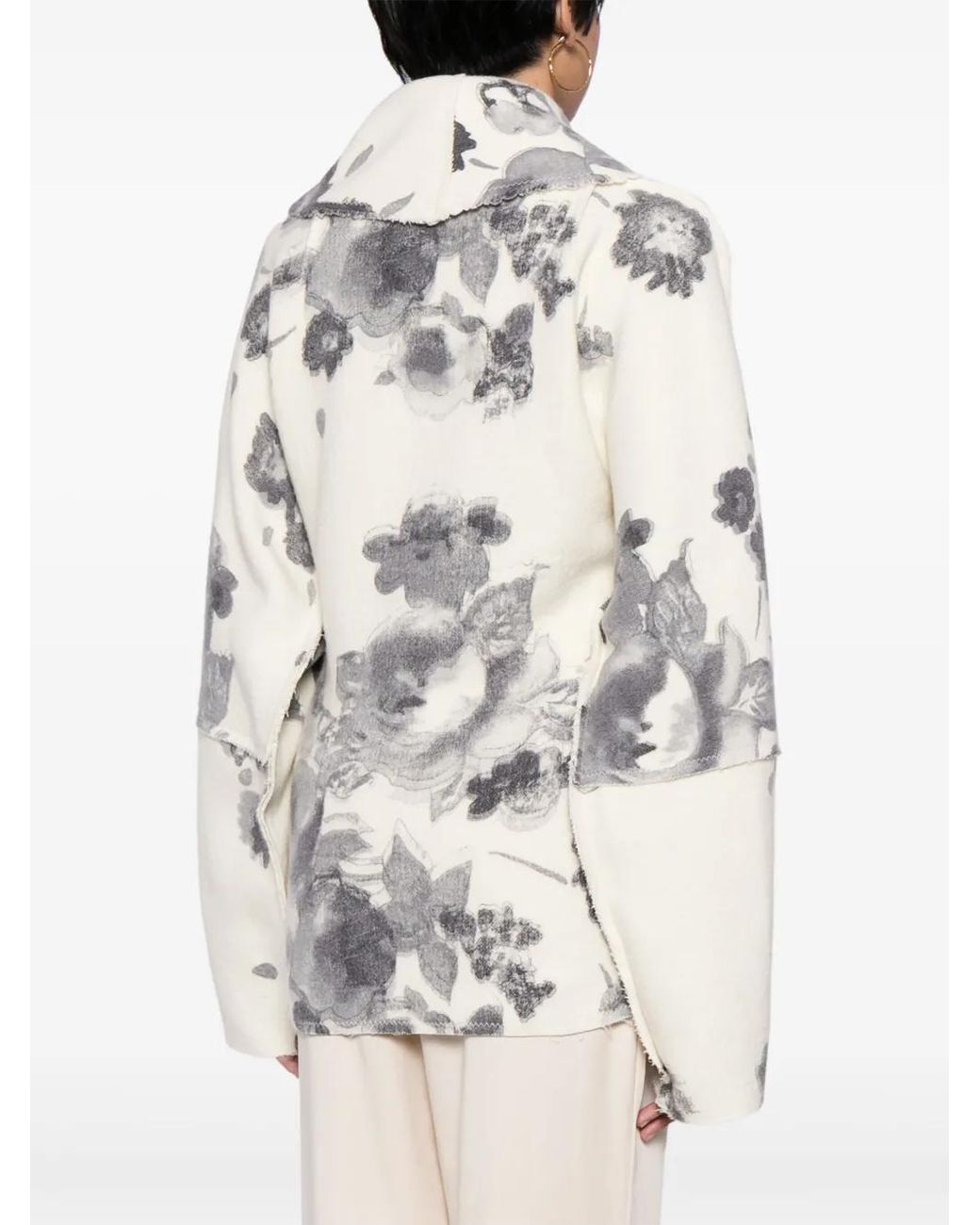 Forme D'expression White Floral-Print Belted Short Coat