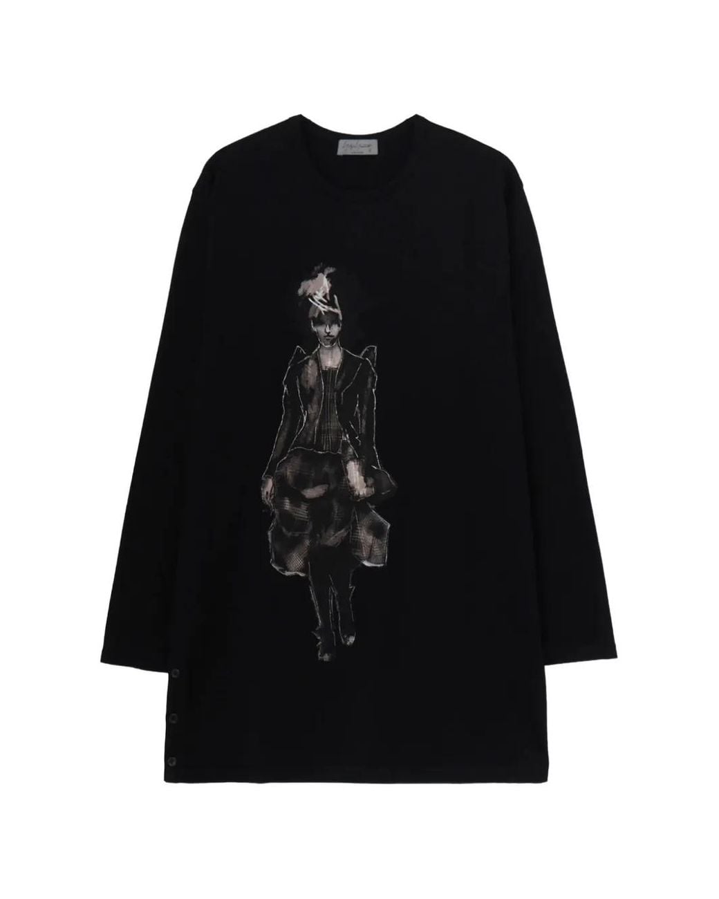 Yohji Yamamoto Black Graphic-Print Button-Slit Long-Sleeved T-Shirt for men