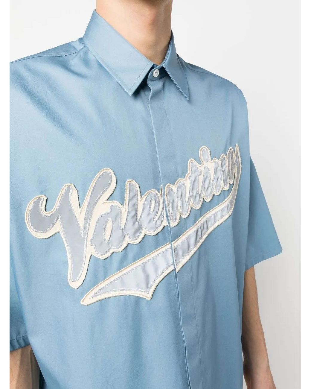 Valentino Garavani Blue Logo-Patch Bowling Shirt for men