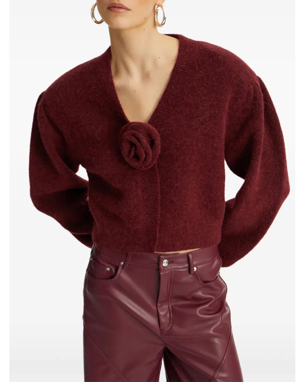 ROTATE BIRGER CHRISTENSEN Red Cropped Burgundy Sweater With Deep V-Neckline And