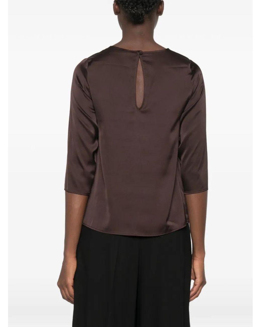 Imperial Brown Satin-Finish Keyhole-Back Blouse