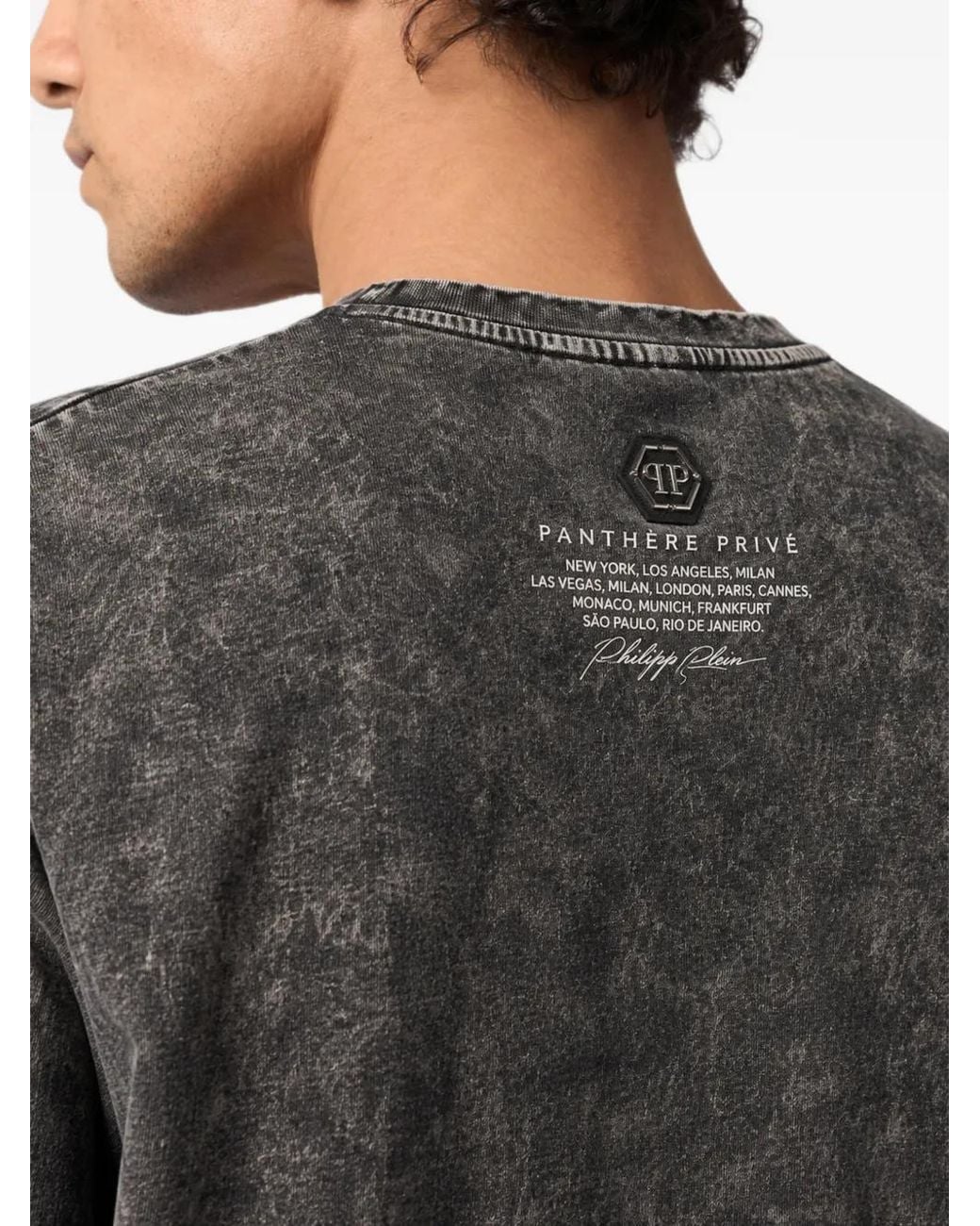 Philipp Plein Black Washed Round-Neck T-Shirt Urban Jungle Leopard for men