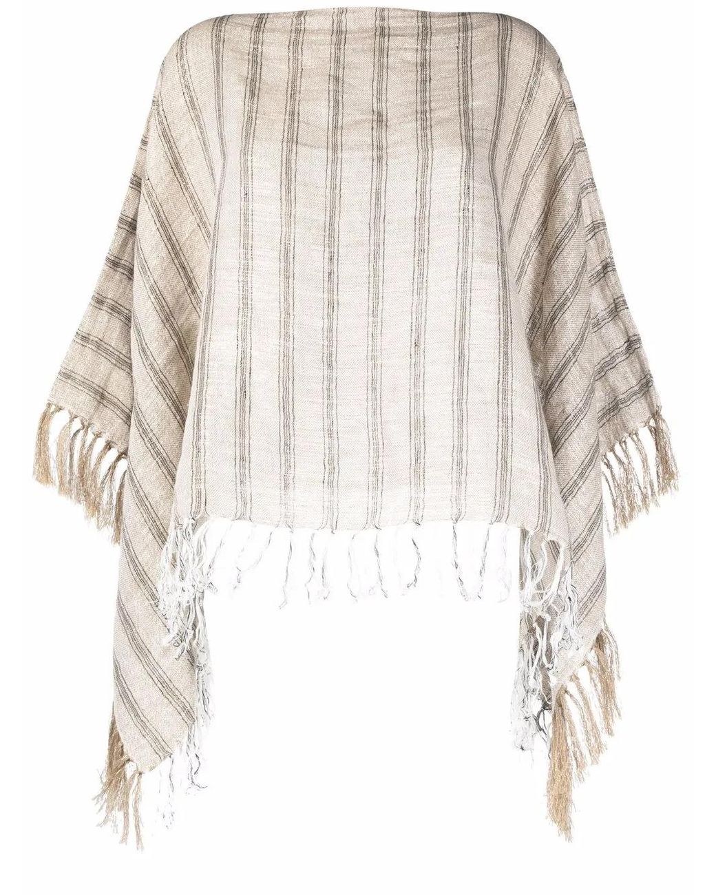 Brunello Cucinelli White Striped Tassel-Trim Poncho