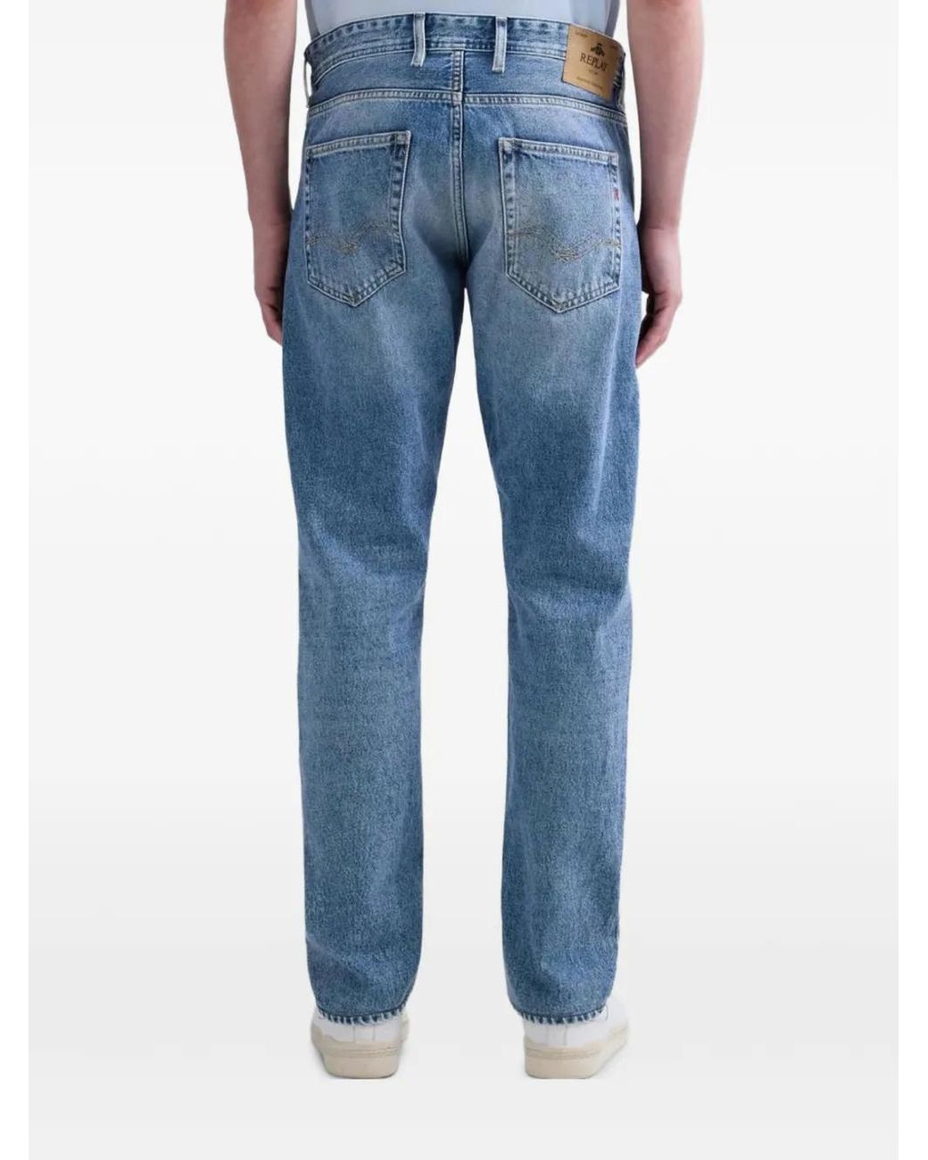 Replay Blue Faded-Effect Logo-Patch Jeans for men