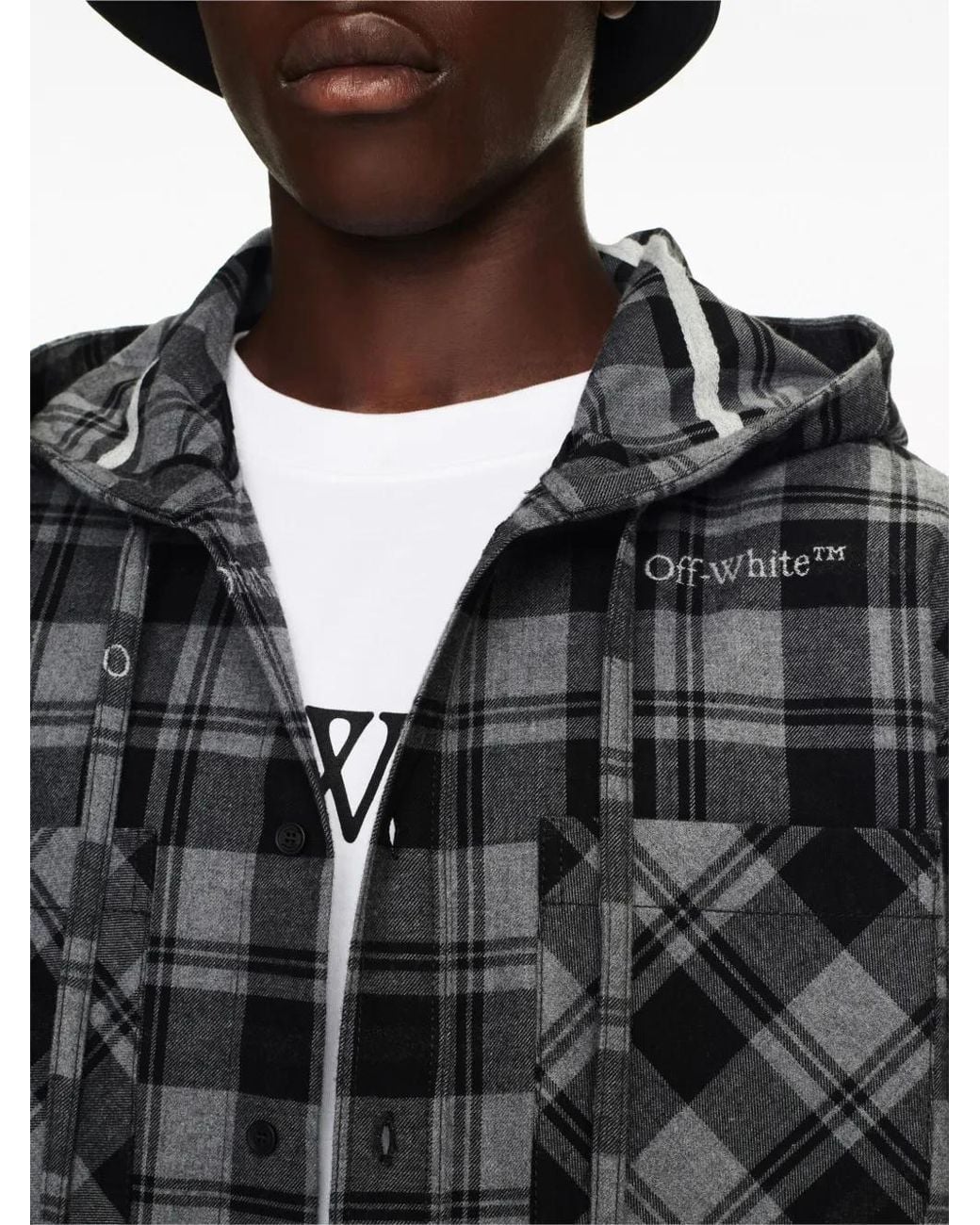 Off-White c/o Virgil Abloh Gray Off- Checked Flannel Hooded Shirt for men