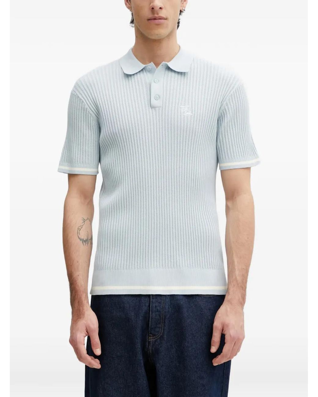 Filling Pieces Blue Ribbed-Knit Polo Shirt for men